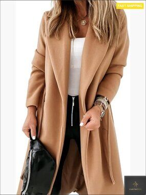Classic Trench Coat Lapel Collar Belted Long Jacket Slim Fit Elegant